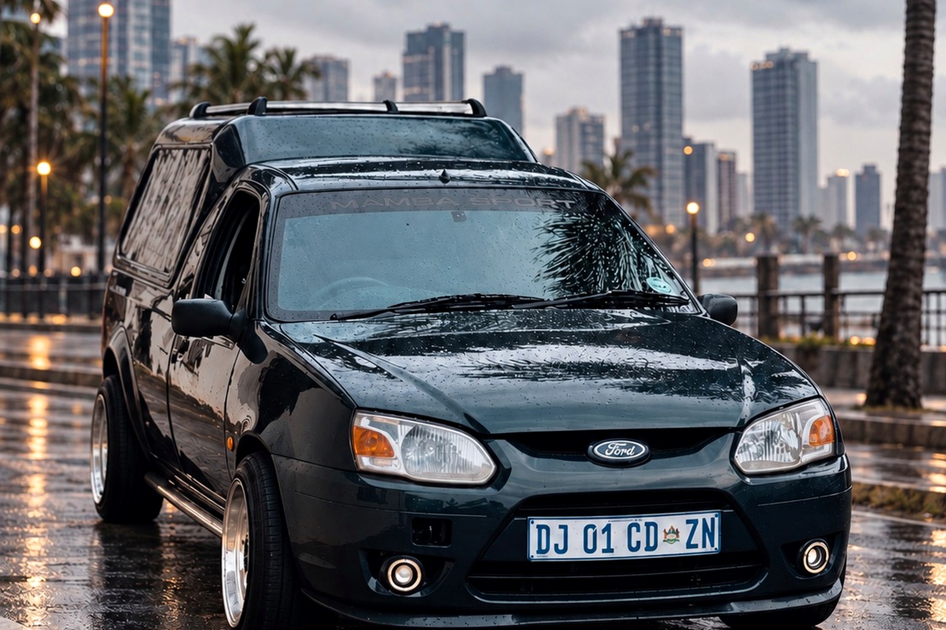 Ricin Xpress delivery car on a wet Durban waterfront road